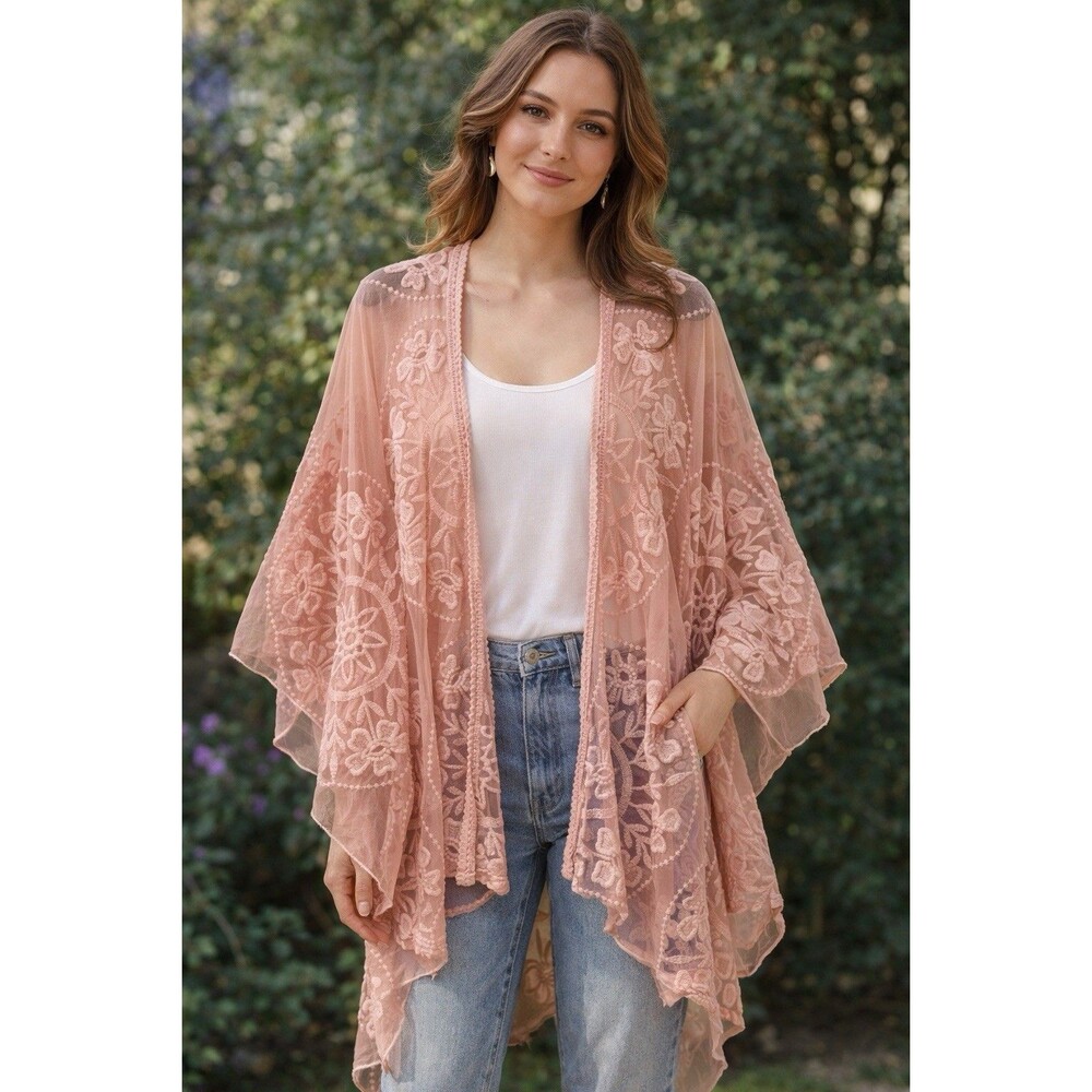 ✔️Sheer Lace Embroidered Kimono Wrap, Dusty Rose